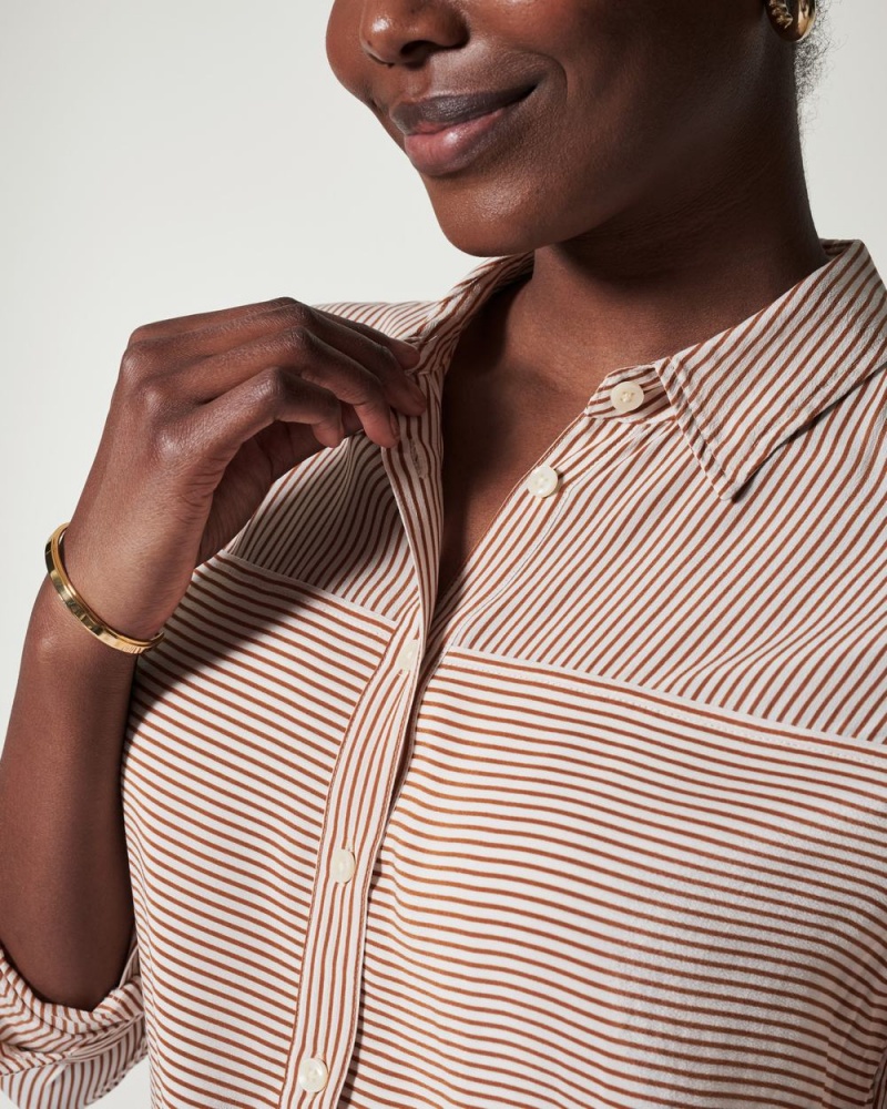 Spanx Low Maintenance Silk Button Down Üstler Kadın Çizgili | WXAPIS815