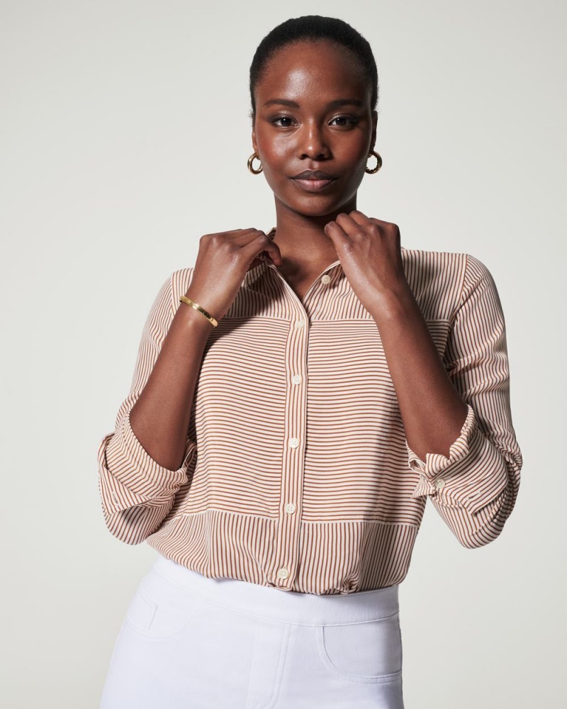 Spanx Low Maintenance Silk Button Down Üstler Kadın Çizgili | WXAPIS815